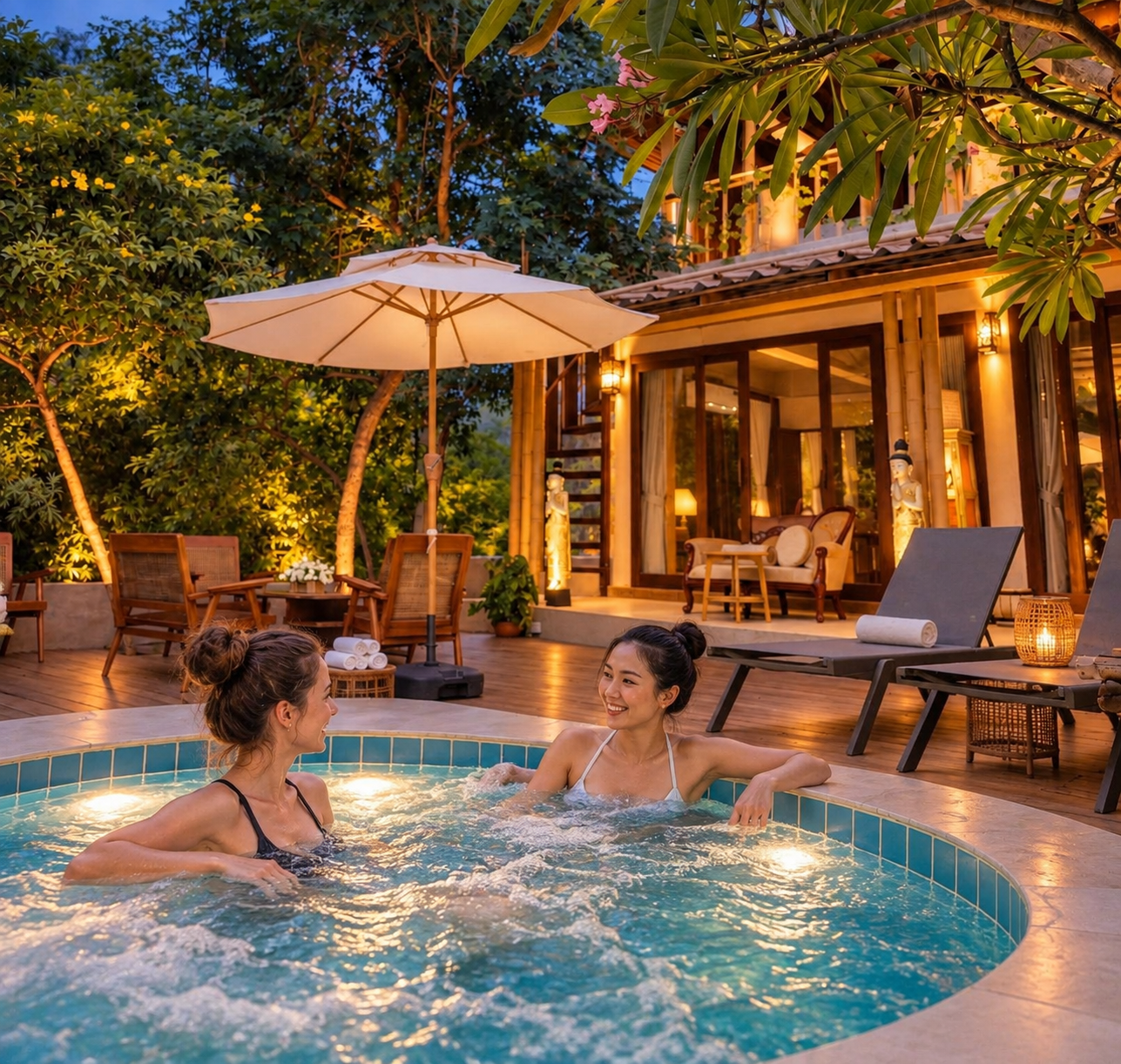Guests enjoying the hot pool at Nithara Spa