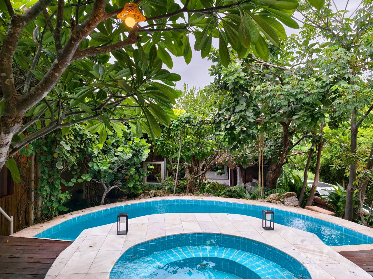 Outdoor hot pool in a tropical garden