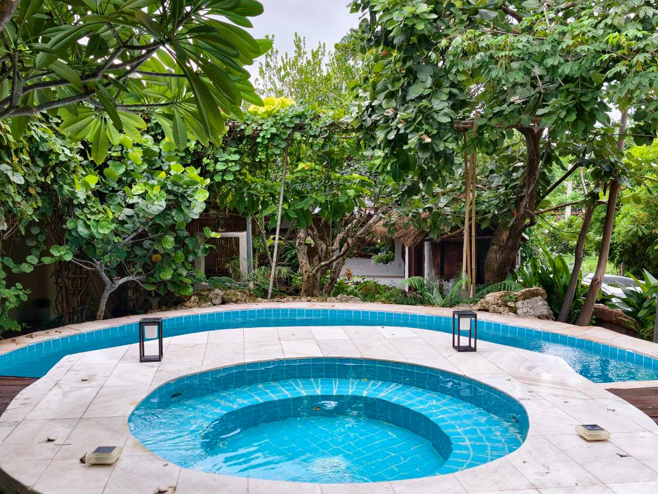 Cold plunge pool surrounded by greenery