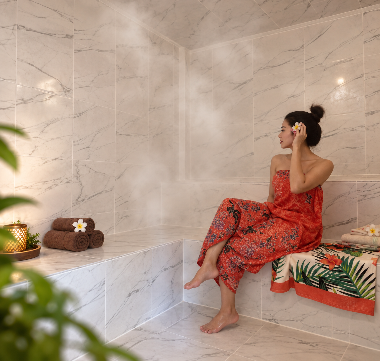 Guest enjoying the steam room at Nithara Spa